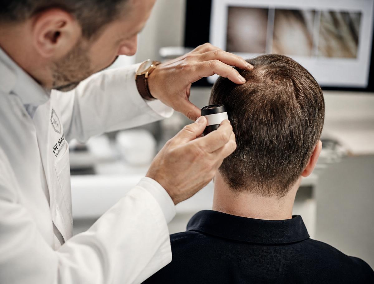 Dermatologe untersucht die Kopfhaut eines Patienten mit einem Dermatoskop
