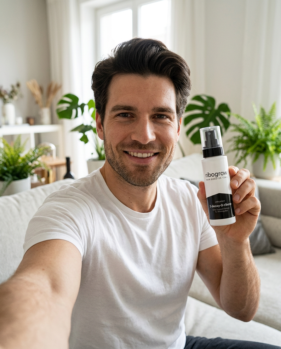 Redakteur der Männerratgeber-Redaktion hält ribogrow Hair Booster Tonic in der Hand